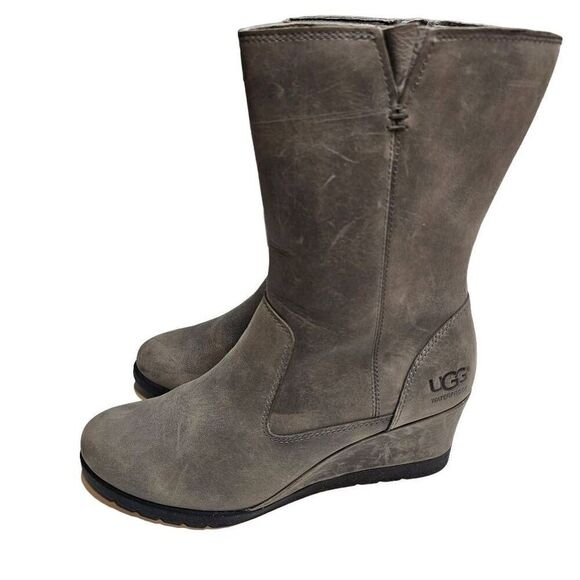 UGG Joely Wedge Boot 1012528 Gray Leather Zip Waterproof Lined Boots Size 7 - Picture 2 of 12